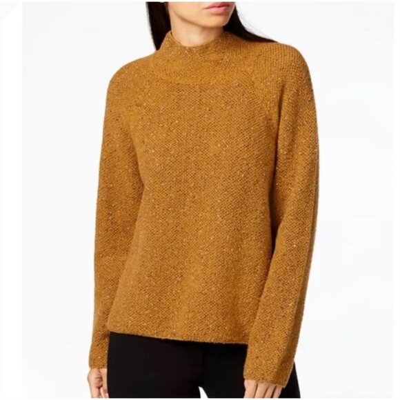 LARGE Eileen Fisher Gold Tweed Funnel Neck Sweater - Picture 1 of 10